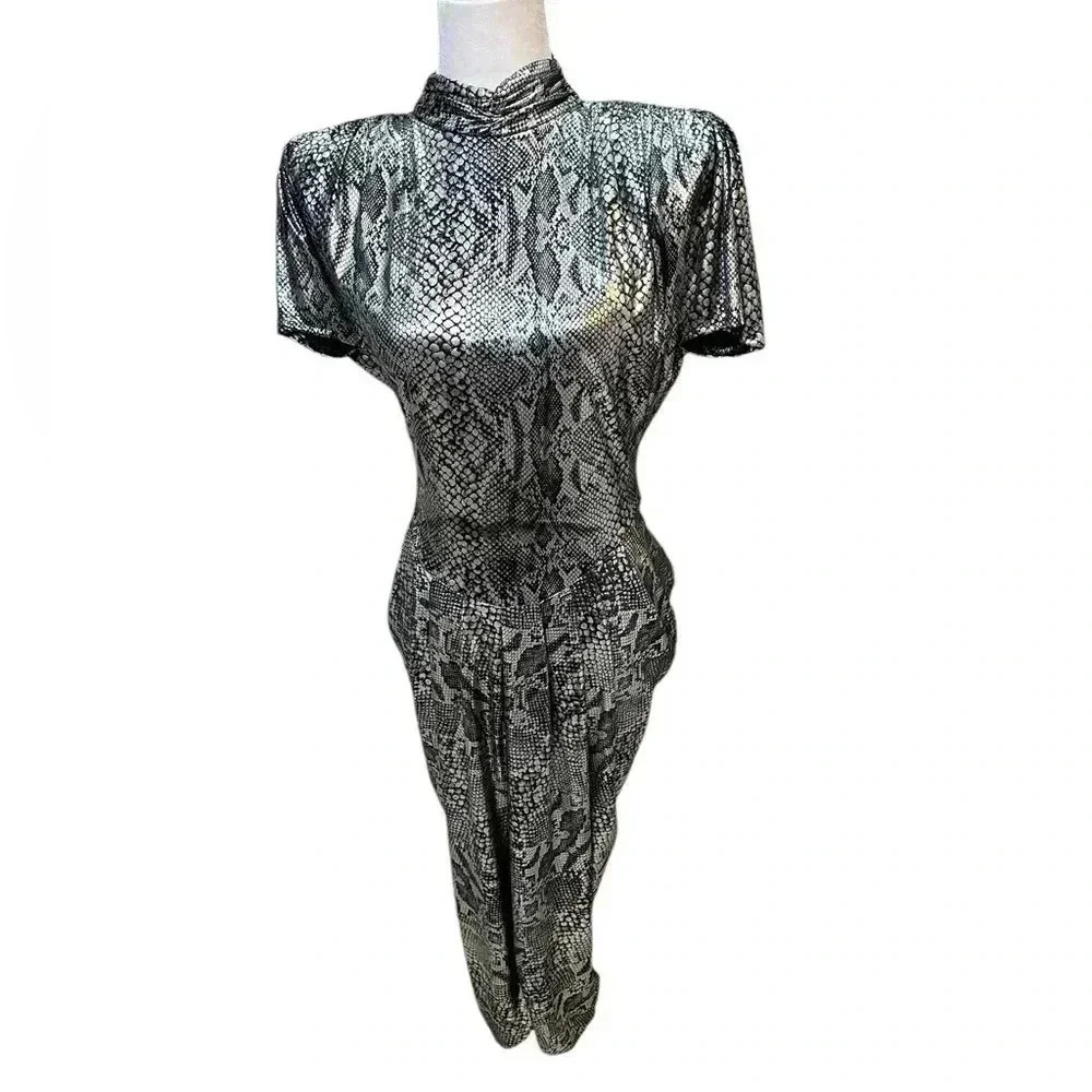 Shiny Snakeskin 80's Dress - Black and Silver Size 7/8